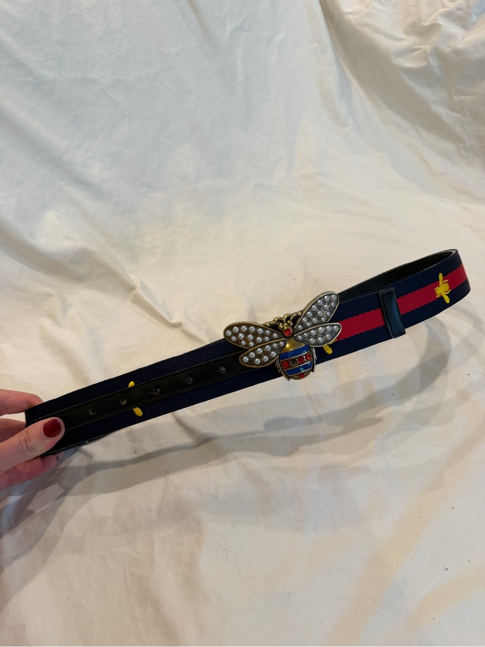Gucci Navy & Red Web Stripe Belt with Jeweled Bee Buckle